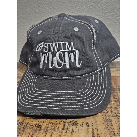 District Accessories - Womens Adjustable Cap Swim Mom 100% Cotton Activity Distressed Trucker Hats